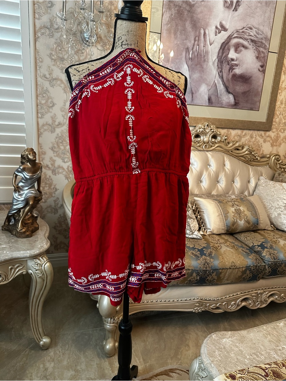 Topshop Red One-Shoulder Embroidered Romper